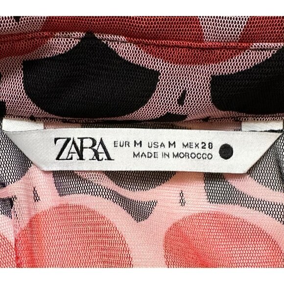 Zara Red Black Sheer Polka Dot Retro Geo Print Button Down Ruched Long Sleeve Bl - Picture 6 of 9